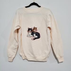 Vintage Hanes Cream Fabric Cats Picture Crewneck Sweatshirt Size Medium